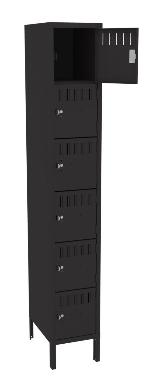 Tall, black, metal locker with six compartments. The top compartment door is open, revealing an empty interior. The locker stands on four short legs.