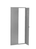 A tall, open gray metal cabinet with a sleek design. It has one open door with a long vertical handle on the right side, revealing an empty interior space. The cabinet stands on a plain white background.