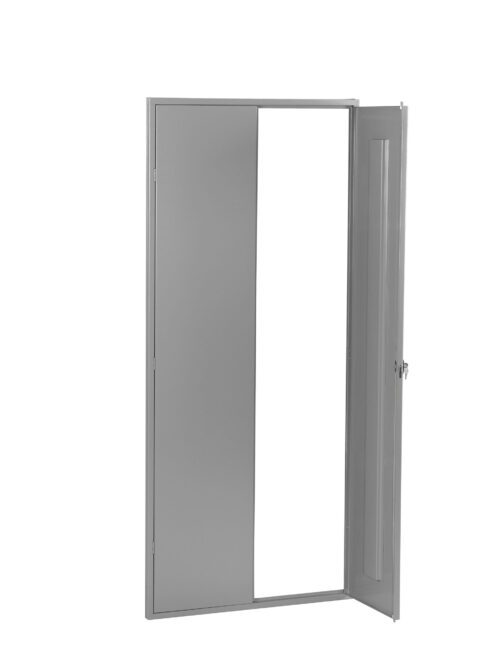 kiyzcycq5asvjb9vd2nv.jpg A tall, open gray metal cabinet with a sleek design. It has one open door with a long vertical handle on the right side, revealing an empty interior space. The cabinet stands on a plain white background.