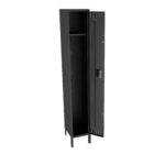 Tall black metal locker with one open door, revealing a single shelf inside. The design is simple and industrial, suitable for storage in various settings such as schools, gyms, or workplaces.