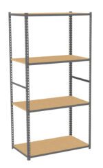 A metal frame shelving unit with four wooden shelves. The design is simple, featuring a sturdy, open construction suitable for storing various items. The shelves are evenly spaced, and the metal frame has a grey finish.