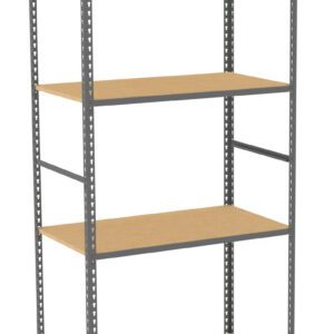 A metal frame shelving unit with four wooden shelves. The design is simple, featuring a sturdy, open construction suitable for storing various items. The shelves are evenly spaced, and the metal frame has a grey finish.