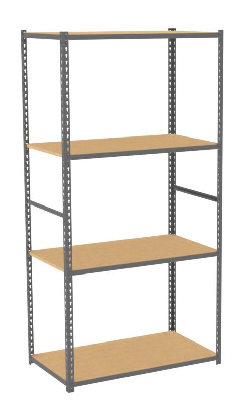 A metal frame shelving unit with four wooden shelves. The design is simple, featuring a sturdy, open construction suitable for storing various items. The shelves are evenly spaced, and the metal frame has a grey finish.
