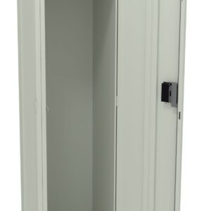 An open, light gray metal locker with a single vertical door. Inside, there is a horizontal shelf near the top and a hook on the side wall. The locker has a simple black handle and vents at the top and bottom of the door.