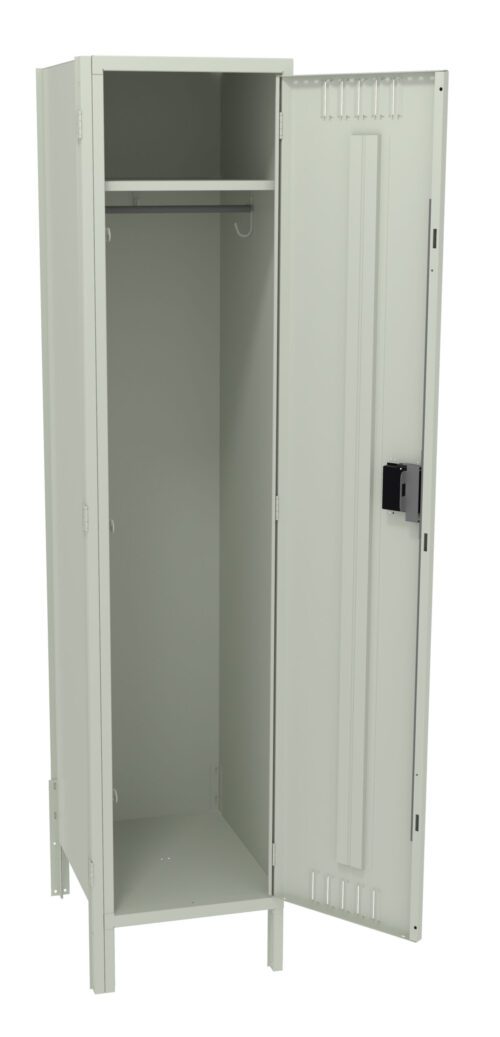 kjc3qcf4z7xtxytkp9it.jpg An open, light gray metal locker with a single vertical door. Inside, there is a horizontal shelf near the top and a hook on the side wall. The locker has a simple black handle and vents at the top and bottom of the door.
