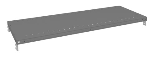 kjcqvunmbje6gunjdczo.jpg Gray metal shelf with perforated holes along the edges, designed for installation in a shelving unit or rack. It features mounting brackets on each side and a simple, flat design.