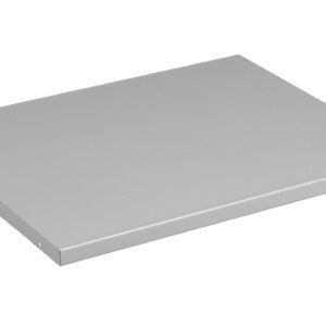 A gray, rectangular, flat metal tray with smooth edges and a minimal design.