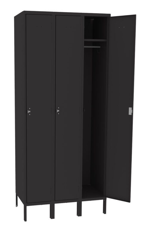 kjrrpwiibu7q5wrnsspo.jpg A black, three-door metal locker with the rightmost door open, revealing an empty interior with a single shelf and hanging rod. The locker stands on four legs.