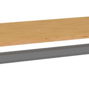 A digital rendering of a wooden tabletop positioned above a gray metal frame. The tabletop has a light wood finish with visible grain patterns, and the metal frame appears to be rectangular and supportive.