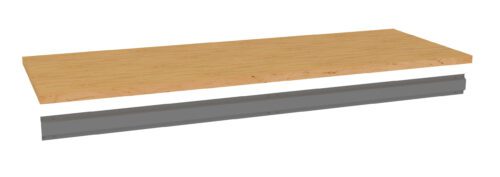 A digital rendering of a wooden tabletop positioned above a gray metal frame. The tabletop has a light wood finish with visible grain patterns, and the metal frame appears to be rectangular and supportive.