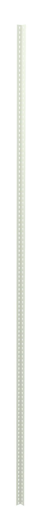 A tall, thin, white metal pole with a series of small perforations running vertically along its sides. The background is plain white.