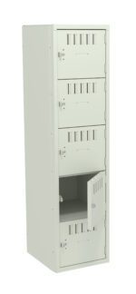 A tall, gray metal locker with five compartments. Each compartment has a latch and ventilation slits. The second compartment from the bottom is open, revealing an empty interior. The locker stands on a flat surface.