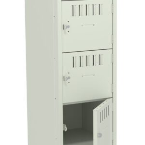 A tall, gray metal locker with five compartments. Each compartment has a latch and ventilation slits. The second compartment from the bottom is open, revealing an empty interior. The locker stands on a flat surface.