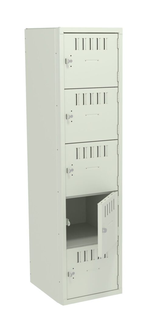 A tall, gray metal locker with five compartments. Each compartment has a latch and ventilation slits. The second compartment from the bottom is open, revealing an empty interior. The locker stands on a flat surface.