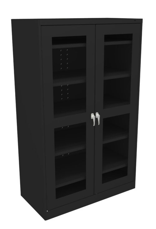 A black storage cabinet with glass doors. It has five shelves inside and silver handles on the doors. The cabinet has a sleek, modern design.