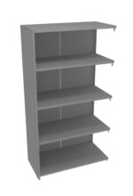 A grey metal shelving unit with five adjustable shelves evenly spaced. The design is simple and industrial, suitable for storage in an office, garage, or warehouse setting. The shelves have holes for easy customization.