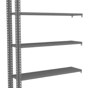 A tall, gray metal shelving unit with six adjustable shelves, designed for storage. The unit features perforated vertical supports for adjustable shelf placement. The shelves are evenly spaced and the unit is shown against a white background.