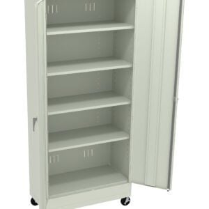 A tall, light green metal storage cabinet with five shelves and two open doors. The cabinet is on wheels for mobility.