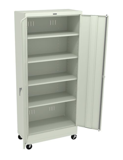 A tall, light green metal storage cabinet with five shelves and two open doors. The cabinet is on wheels for mobility.