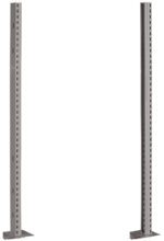 Two vertical metal shelving posts with holes for adjustable shelving, standing parallel to each other on flat base plates against a white background.