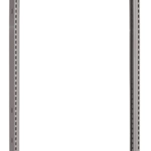 Two vertical metal shelving posts with holes for adjustable shelving, standing parallel to each other on flat base plates against a white background.