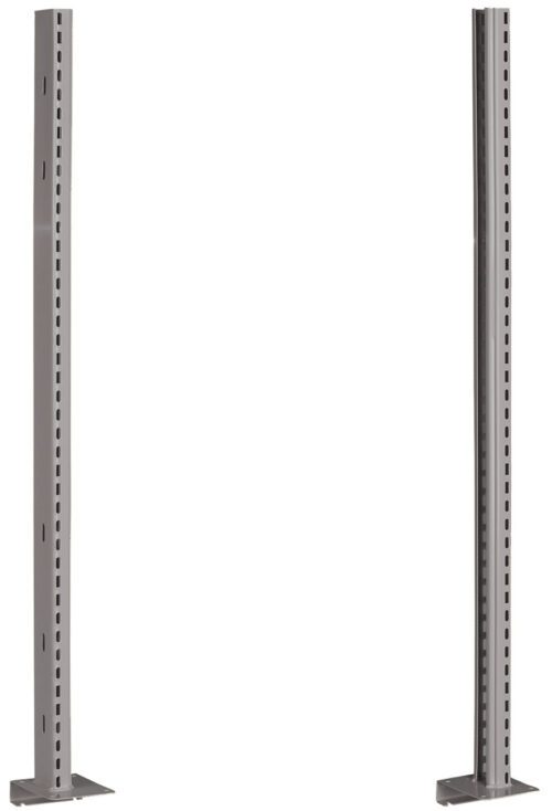 klaekbyrue2w0qqieebu.jpg Two vertical metal shelving posts with holes for adjustable shelving, standing parallel to each other on flat base plates against a white background.