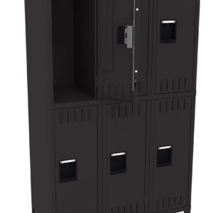 A set of six black metal lockers in two rows. The top middle locker is open, showing an empty interior. Each locker has a handle and a vented door design.