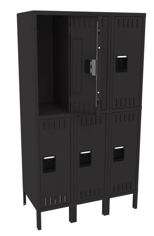 klixko4uoa8cdf3v0kyl.jpg A set of six black metal lockers in two rows. The top middle locker is open, showing an empty interior. Each locker has a handle and a vented door design.