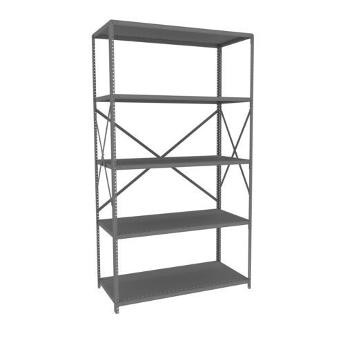 klqmvjujkak8zpzohjhu.jpg A tall, gray, five-tier metal storage shelf with an X-shaped support at the back, viewed from a slight angle. The shelves are evenly spaced and empty, with a solid frame.