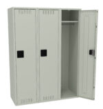 A beige metal locker with three compartments. Two compartments are closed, each with a black latch. The middle compartment is open, revealing a hanging rod inside.
