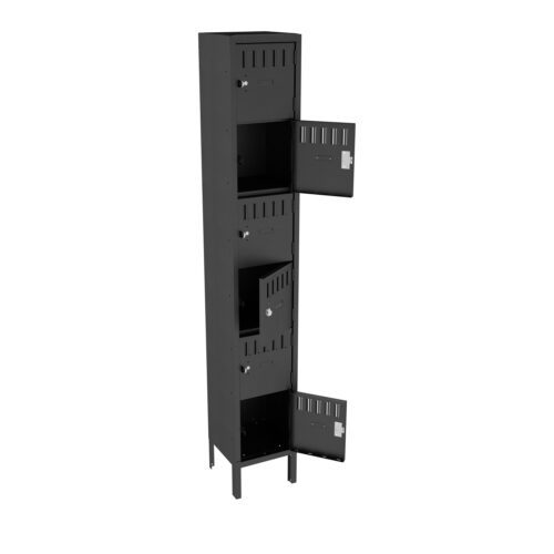 klwodedijzqd92e16eub.jpg A tall, black metal locker with four compartments, each with a vented door. Three doors are slightly open, showing the empty interior. The locker stands on four legs.