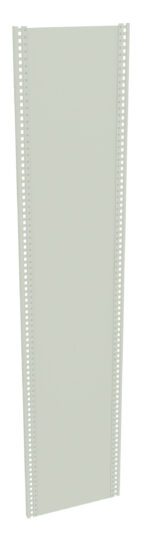 A tall, rectangular metal panel with a light gray finish, featuring rows of small, evenly spaced holes along the two longer edges.