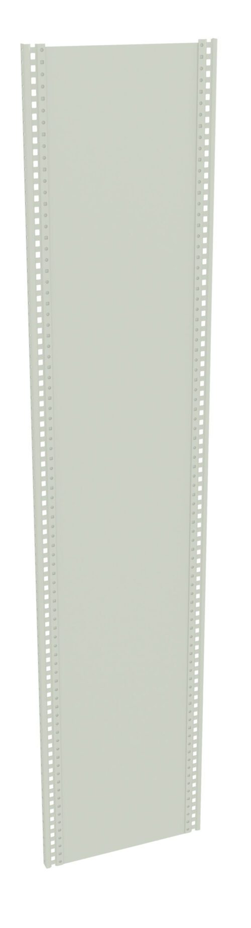 A tall, rectangular metal panel with a light gray finish, featuring rows of small, evenly spaced holes along the two longer edges.