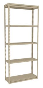 A beige metal shelving unit with five adjustable shelves. The frame has perforated holes along the sides for shelf height adjustment. The design is simple and utilitarian, suitable for storage or organization.