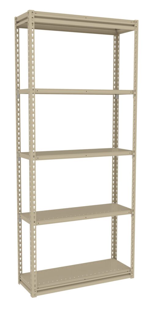 A beige metal shelving unit with five adjustable shelves. The frame has perforated holes along the sides for shelf height adjustment. The design is simple and utilitarian, suitable for storage or organization.