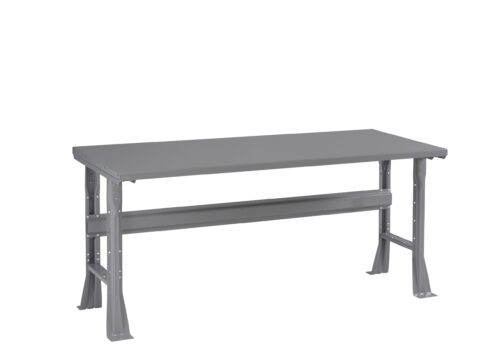 A gray metal workbench with a rectangular top and four sturdy legs. It features a horizontal support beam connecting the legs on each side. The simple design suggests it is suitable for industrial or workshop use.