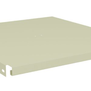 Illustration of a light beige, rectangular metal shelf with small holes along the sides. The shelf has a flat surface and a lip on the front edge, designed for use in storage or shelving units, set against a plain white background.