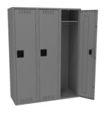 A gray metal three-compartment locker with the right door open, revealing an empty interior with a single rod. The other two doors are closed. Each door has a black handle and ventilation slits at the top and bottom.