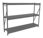 A large, three-tiered metal shelving unit with adjustable slats. The shelves are empty, and the frame has a sturdy, industrial design. The unit is gray and is suitable for storage or organizational purposes.