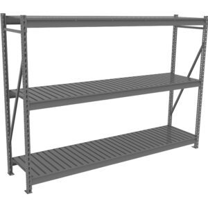 A large, three-tiered metal shelving unit with adjustable slats. The shelves are empty, and the frame has a sturdy, industrial design. The unit is gray and is suitable for storage or organizational purposes.