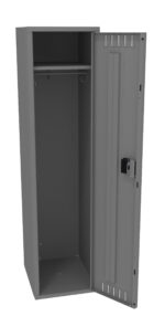 A tall, open metal locker with a single door. The interior has a sturdy bar for hanging clothes and a hook for additional storage. The locker is gray with a secure lock on the door.