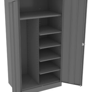 A gray metal cabinet with two doors opened outward. Inside, the left side has a single shelf, and the right side features five adjustable shelves. The cabinet is designed for storage purposes.