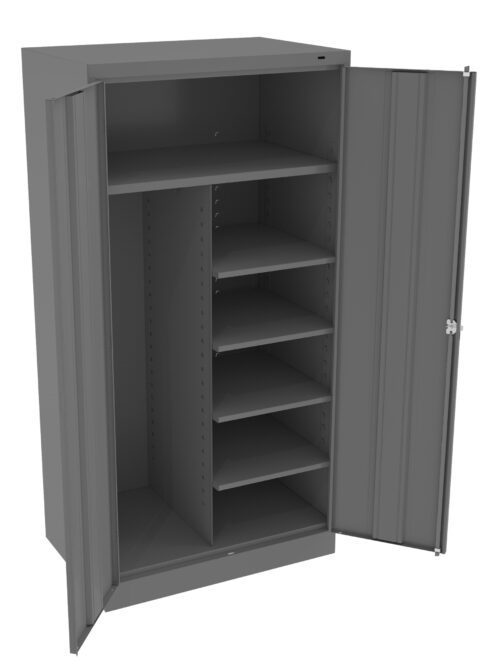 kmw78sr9w7ggqbdv5e4d.jpg A gray metal cabinet with two doors opened outward. Inside, the left side has a single shelf, and the right side features five adjustable shelves. The cabinet is designed for storage purposes.