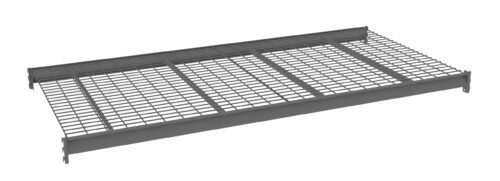 A gray metal grated shelf with a rectangular frame, designed for storage or industrial use. The grid-like surface allows for ventilation and drainage.