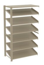 A tan, multi-tiered metal shelving unit with seven flat, open shelves is shown. The shelves are evenly spaced and supported by vertical metal frames on the sides, designed for storage or organization purposes.