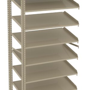 A tan, multi-tiered metal shelving unit with seven flat, open shelves is shown. The shelves are evenly spaced and supported by vertical metal frames on the sides, designed for storage or organization purposes.