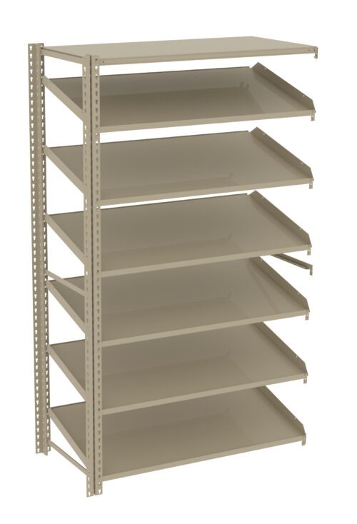 A tan, multi-tiered metal shelving unit with seven flat, open shelves is shown. The shelves are evenly spaced and supported by vertical metal frames on the sides, designed for storage or organization purposes.