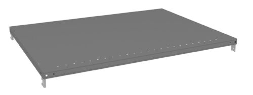knhuvwtrlipzes2wvugm.jpg A gray metal shelf with rows of small holes along its edges. The shelf has a flat surface and appears to be designed for use in a storage rack or shelving unit.