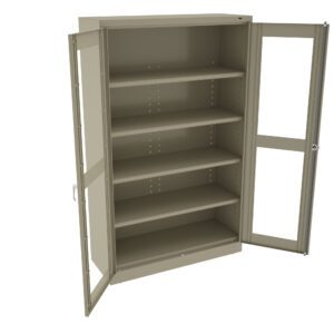 A metal storage cabinet with a beige finish and transparent double doors is shown. The cabinet stands open, revealing five adjustable shelves inside.