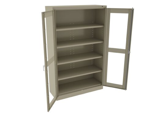 A metal storage cabinet with a beige finish and transparent double doors is shown. The cabinet stands open, revealing five adjustable shelves inside.